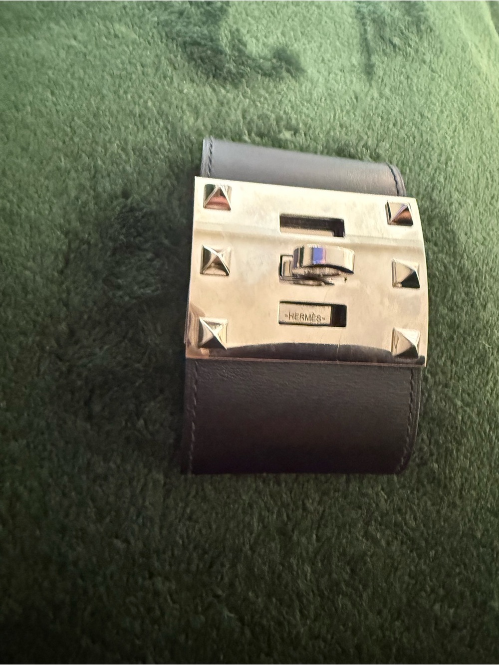 Hermès Black Leather Wide Cuff with Silver Pyramid Hardware